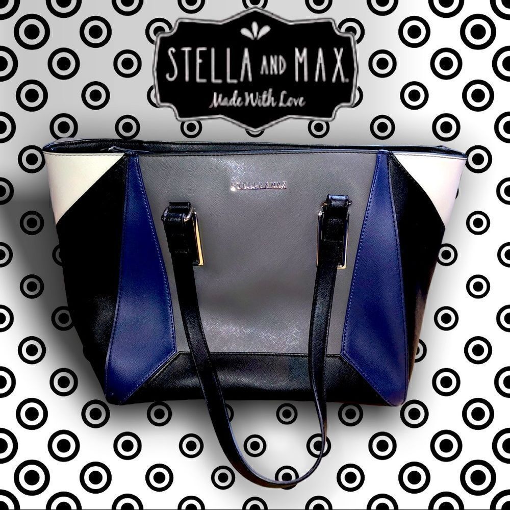 STELLA & MAX leather handbag purse bk bl Grey wht